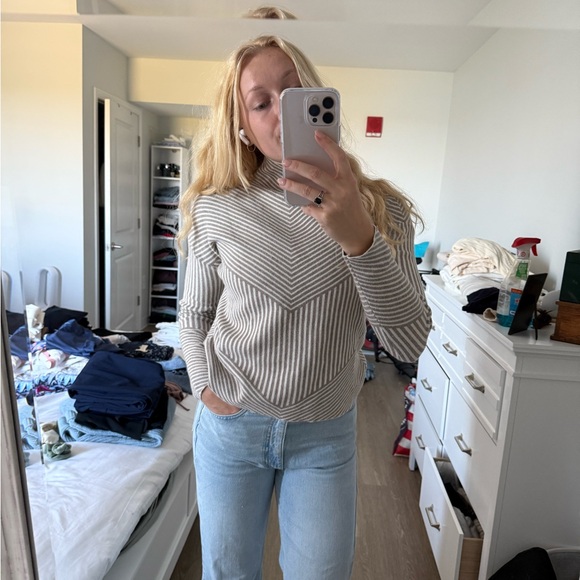 Cynthia Rowley Beige Striped Turtleneck Sweater - Picture 4 of 5